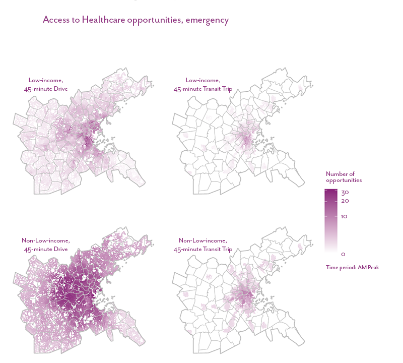 Figure 18 is a map that shows the number of emergency healthcare opportunities accessible within a 45-minute drive or public transit trip for the low-income and non-low-income populations living in the Boston region.
